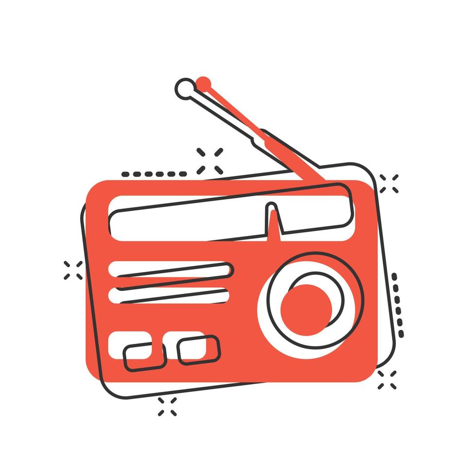 Radio-Symbol im Comic-Stil. FM-Rundfunk-Cartoon-Vektorillustration auf weißem, isoliertem Hintergrund. radiocast splash effekt geschäftskonzept. vektor