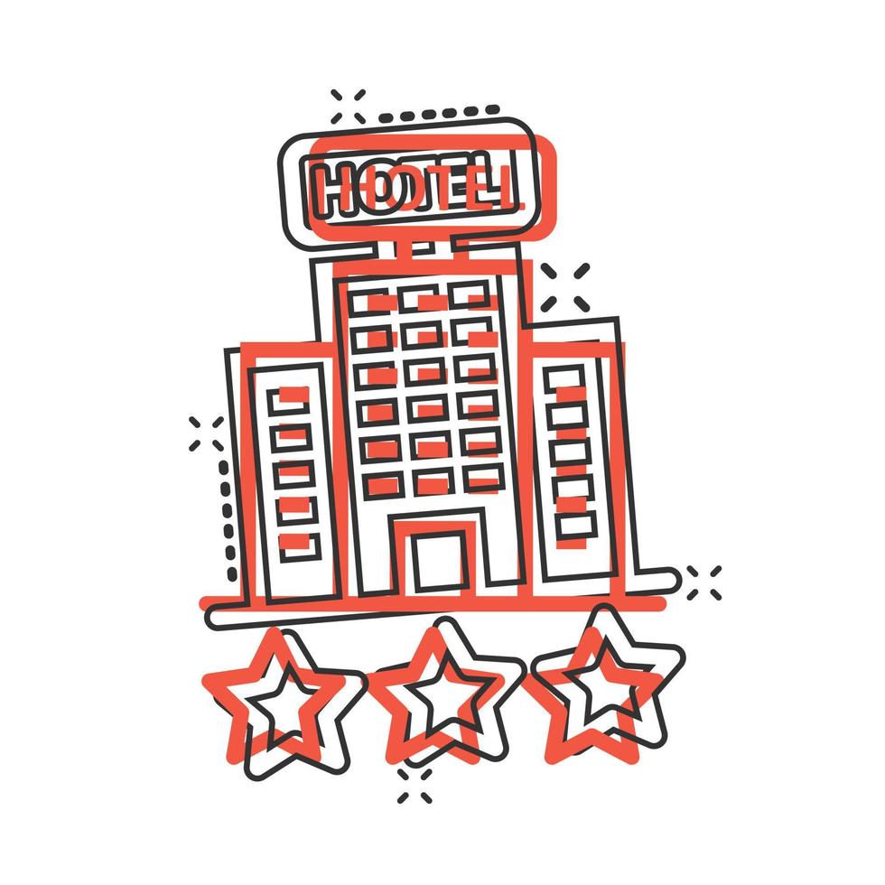 Hotel 3-Sterne-Schild-Symbol im Comic-Stil. gasthausgebäude-karikaturvektorillustration auf weißem lokalisiertem hintergrund. Geschäftskonzept mit Splash-Effekt für Hostelzimmer. vektor