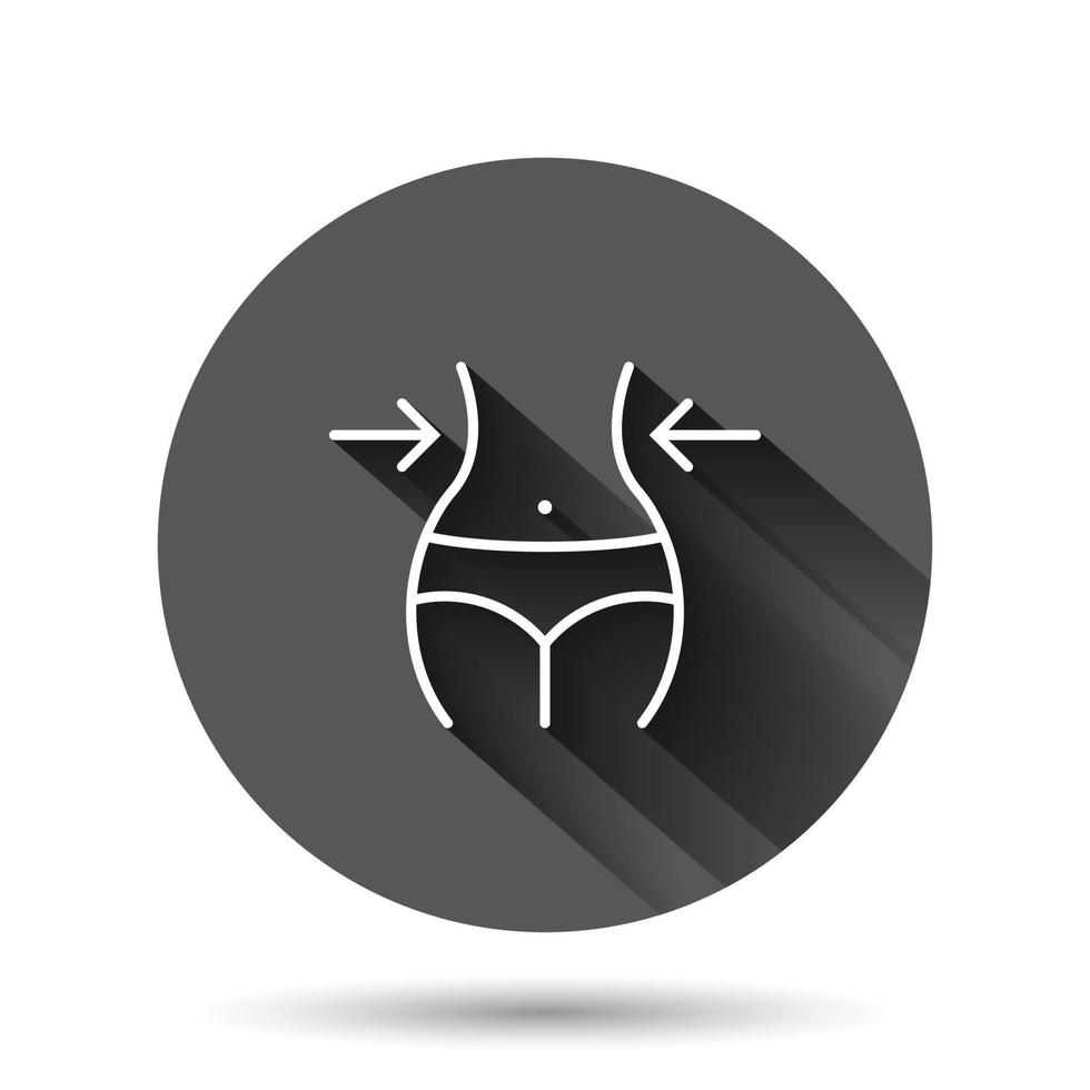 Gewichtsverlust-Symbol im flachen Stil. Bauchvektorillustration auf schwarzem rundem Hintergrund mit langem Schatteneffekt. athletisches Taillenkreisknopf-Geschäftskonzept. vektor
