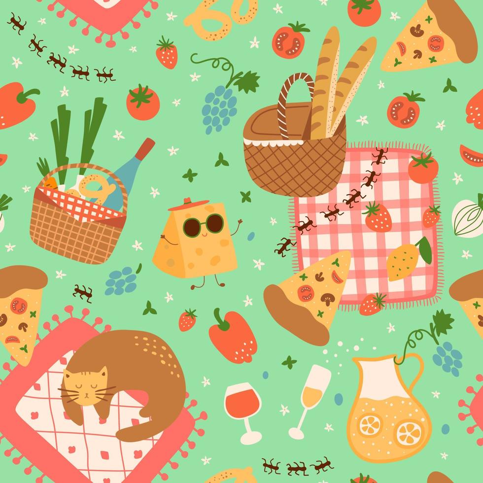 sommar picknick bakgrund. picknick sömlös mönster, picknick korg, röd filt med katt, trädgård utomhus- fritid skriva ut, mat, flaska av vin citronsaft, tomater ost pizza sommar vektor illustration.