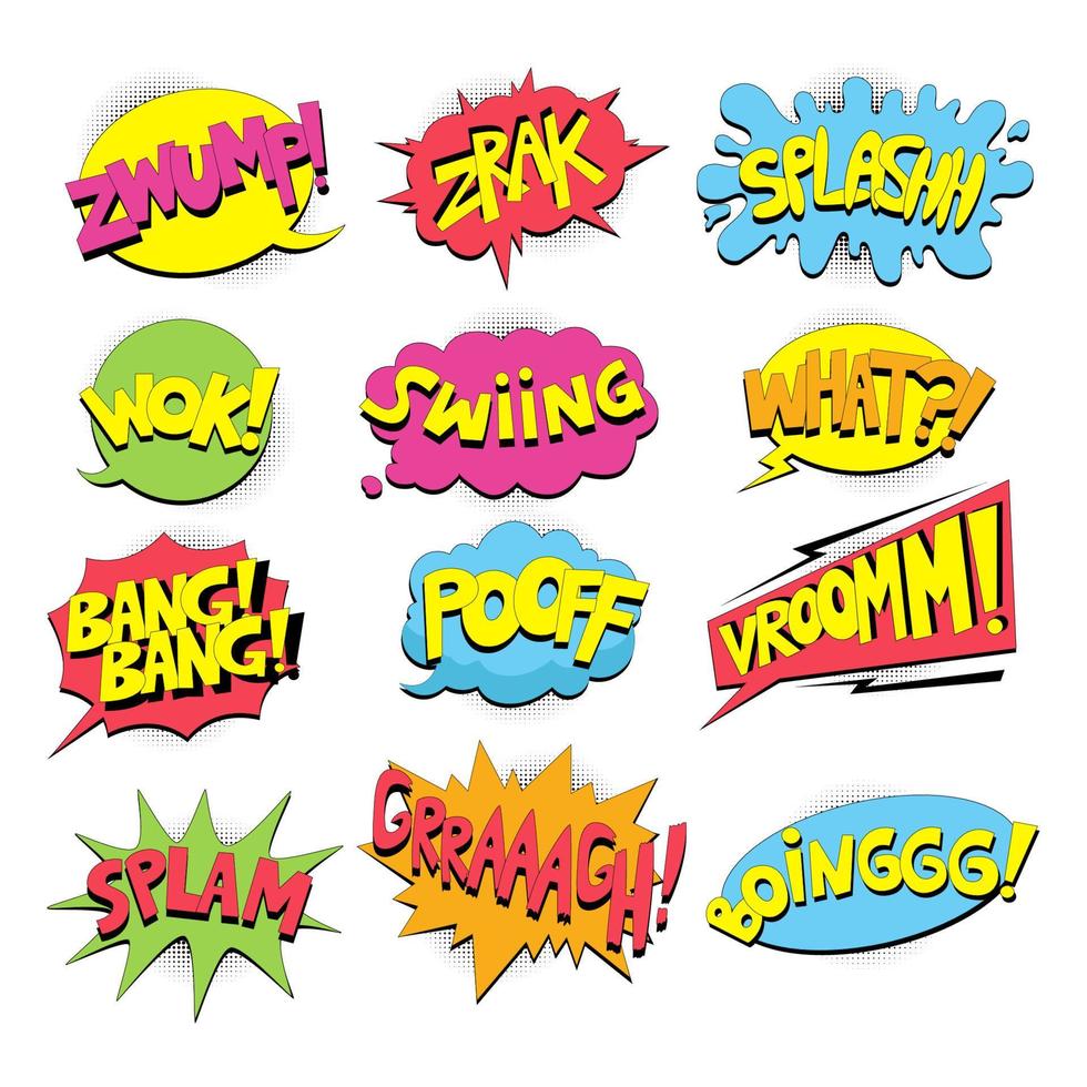 Eine Reihe bunter Comic-Sprechblasen in verschiedenen Formen mit Halbtonschatten und Sternen, handgezeichnete Textrahmen im Pop-Art-Stil. Comic-Blasenrede, Wort-Comic-Cartoon, Ausdruck vektor