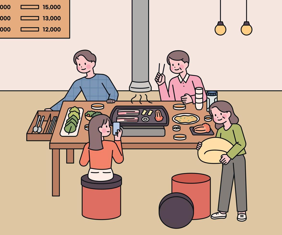 koreanisches Samgyeopsal-Restaurant. eine illustration, die die besondere kultur koreas zeigt. gegrilltes Fleisch. Löffelschublade. ein Stuhl zum Aufbewahren von Kleidung. vektor