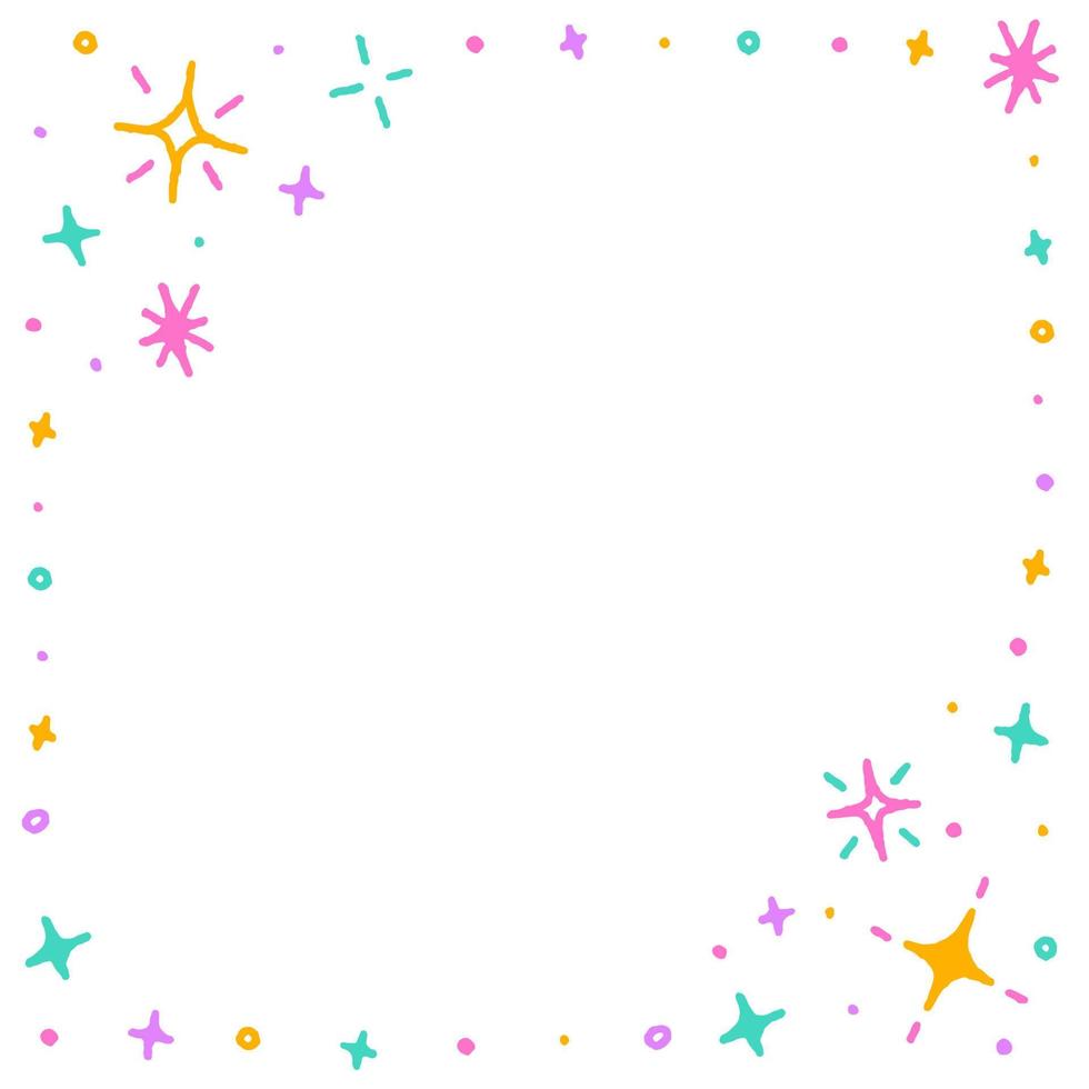 söt konfetti stänk gnistra fyrverkeri glitter stjärna ditsy glans små polkadot punkt abstrakt klotter ritad för hand färgrik pastell fyrkant kort gräns ram mall baner kopia Plats för fest firande vektor