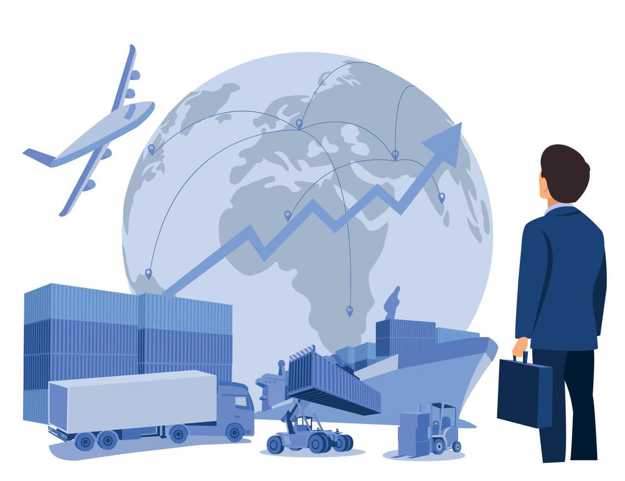 Logistik und Versand von Container-LKW am Schiffshafen für Geschäftscontainer-Frachtschiff und Frachtflugzeug mit Kranbrücke, die bei Sonnenaufgang auf der Werft arbeitet, Logistik-Import-Export und Versand vektor