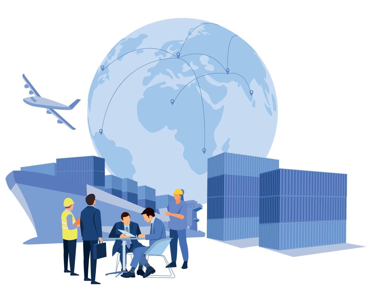 logistik och frakt av behållare lastbil på fartyg hamn för företag behållare frakt fartyg och frakt plan med kran bro arbetssätt på varv på soluppgång, logistik importera exportera och frakt vektor