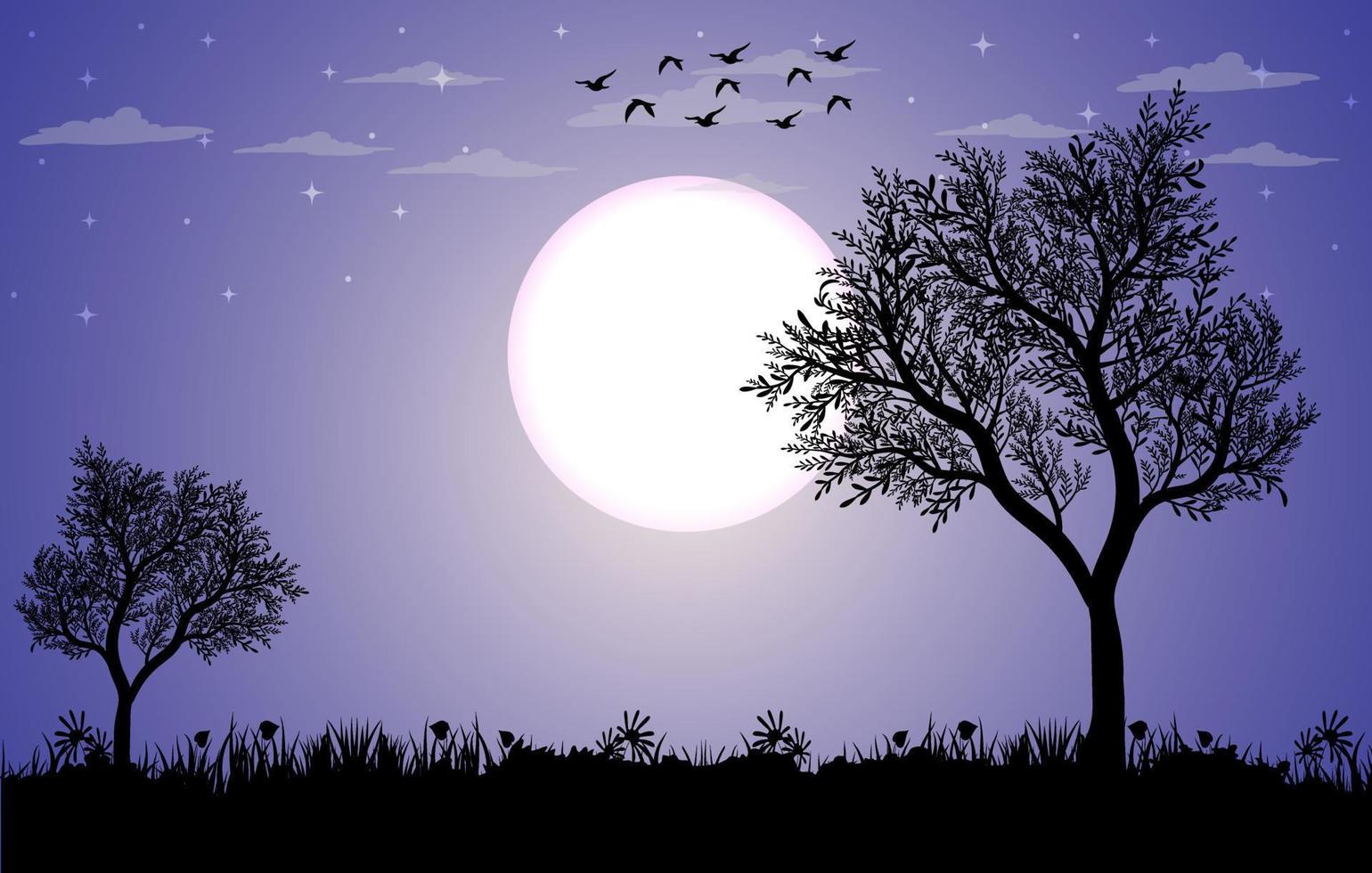 schöner Mondschein-Landschaftshintergrund kostenlos, Landschaftsvektorillustration, Mondscheinlandschaft mit Sternen am Nachthimmel, schöner Mitternachtshintergrund vektor