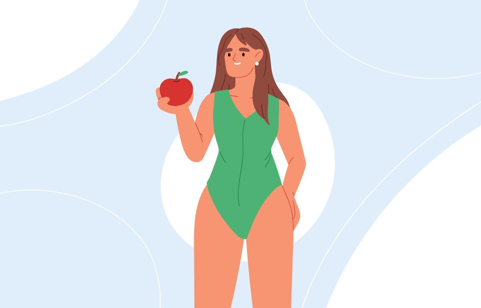 kvinna är äter ett äpple. person med hälsa mellanmål diet mat, friska livsstil, vegetarian mat, rå mat diet. studerande mellanmål vektor