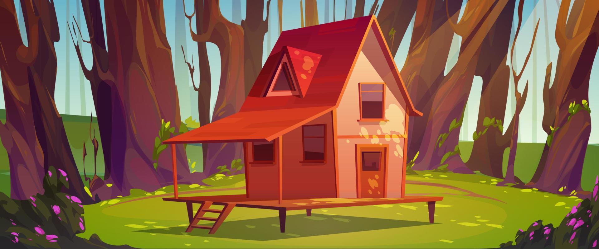 trä- stylta hus på grön skog glänta landskap vektor