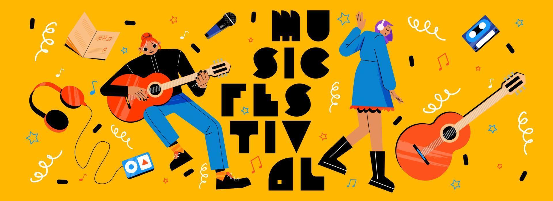 musik festival affisch med flicka med gitarr vektor