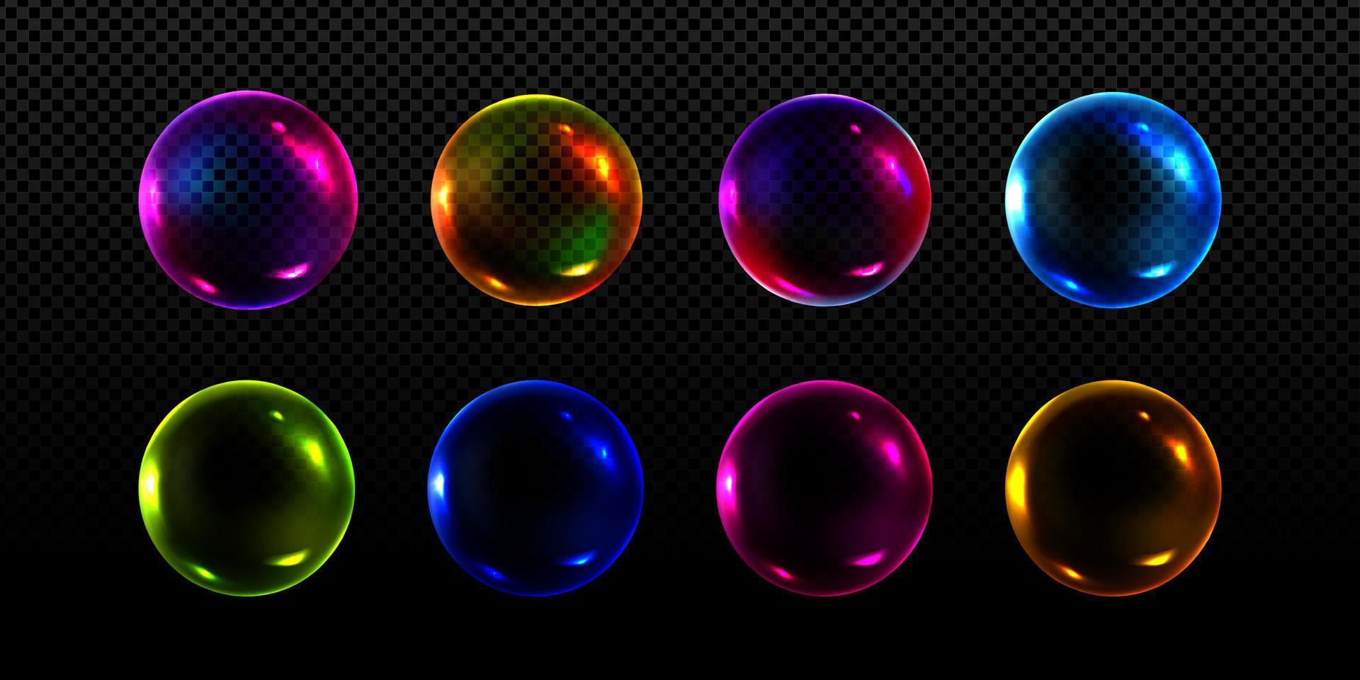 neonseifenblasen, regenbogenfarbene glaskugeln auf schwarzem hintergrund. vektor