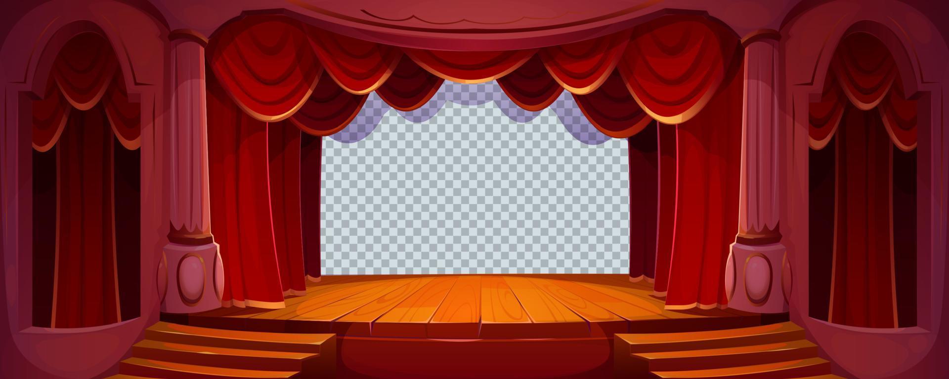 teater skede med röd gardiner, trä- golv vektor