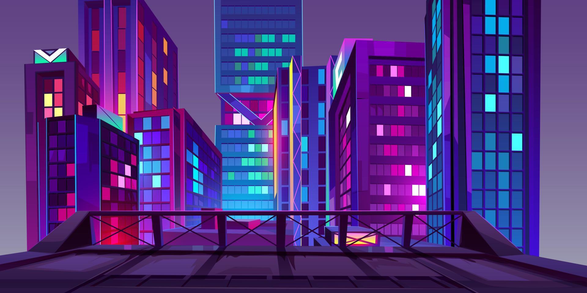 natt stad med neon belysning se från tak vektor