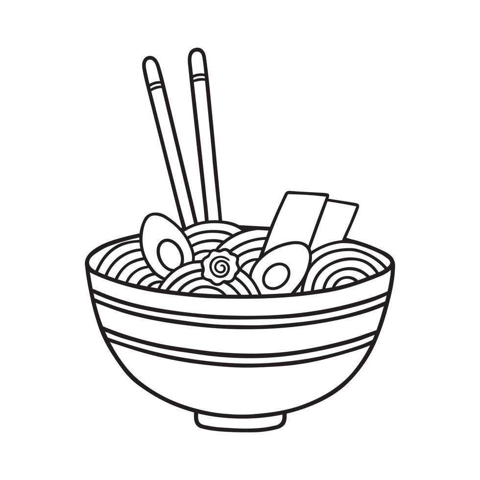 Ramen klotter. asiatisk traditionell mat i skiss stil. japansk kök. hand dragen vektor illustration isolerat på vit bakgrund