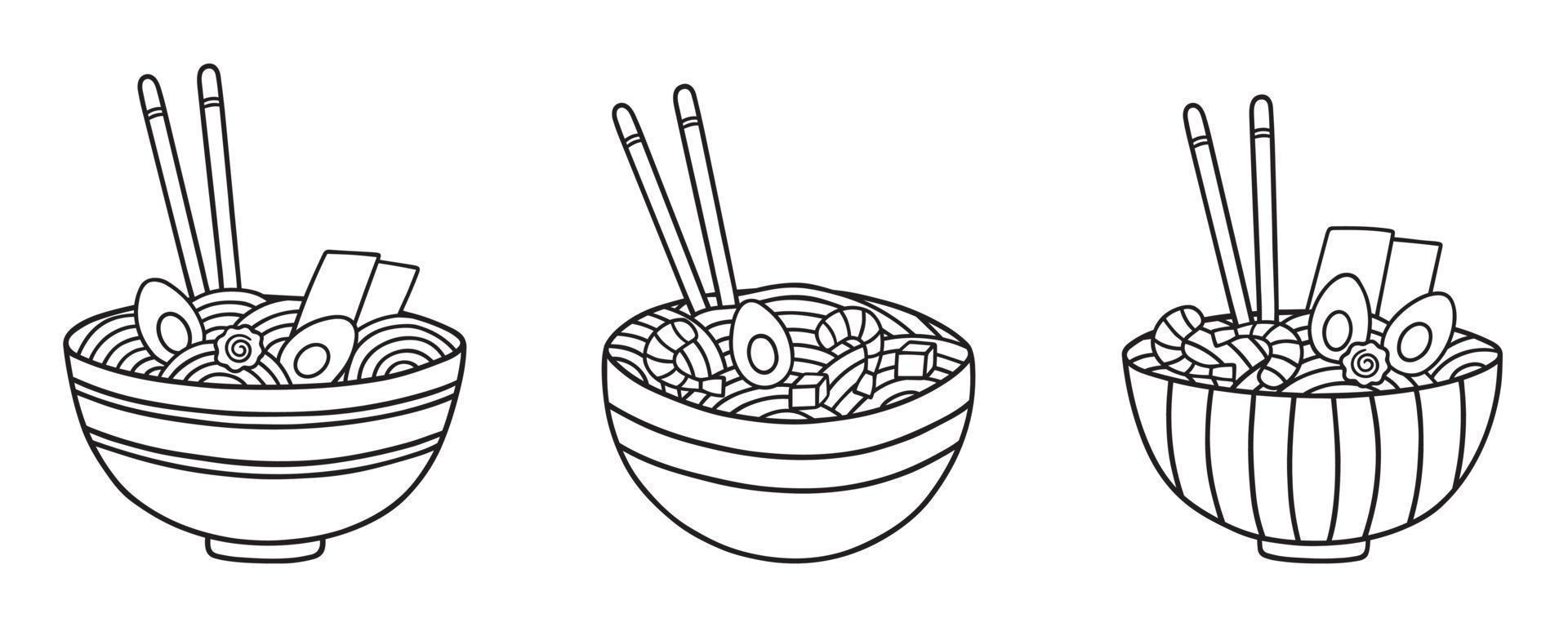 Ramen klotter uppsättning. asiatisk traditionell mat i skiss stil. japansk kök. hand dragen vektor illustration isolerat på vit bakgrund