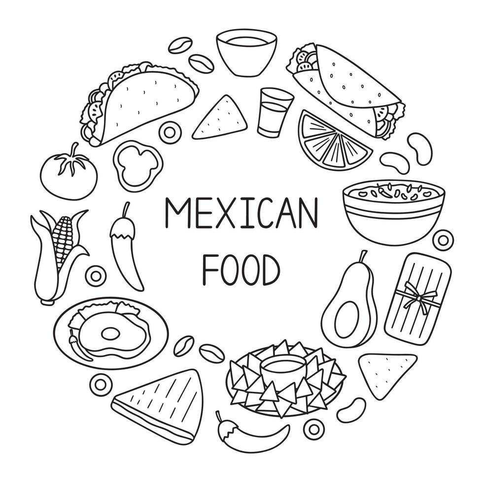 mexikanisches Lebensmittel-Doodle-Set. mexikanische Küche. burrito, taco, nachos im skizzenstil. hand gezeichnete vektorillustration lokalisiert auf weißem hintergrund vektor