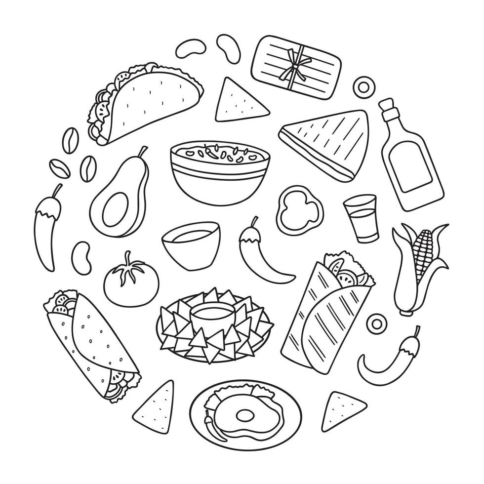 mexikanisches Lebensmittel-Doodle-Set. mexikanische Küche. burrito, taco, nachos im skizzenstil. hand gezeichnete vektorillustration lokalisiert auf weißem hintergrund vektor
