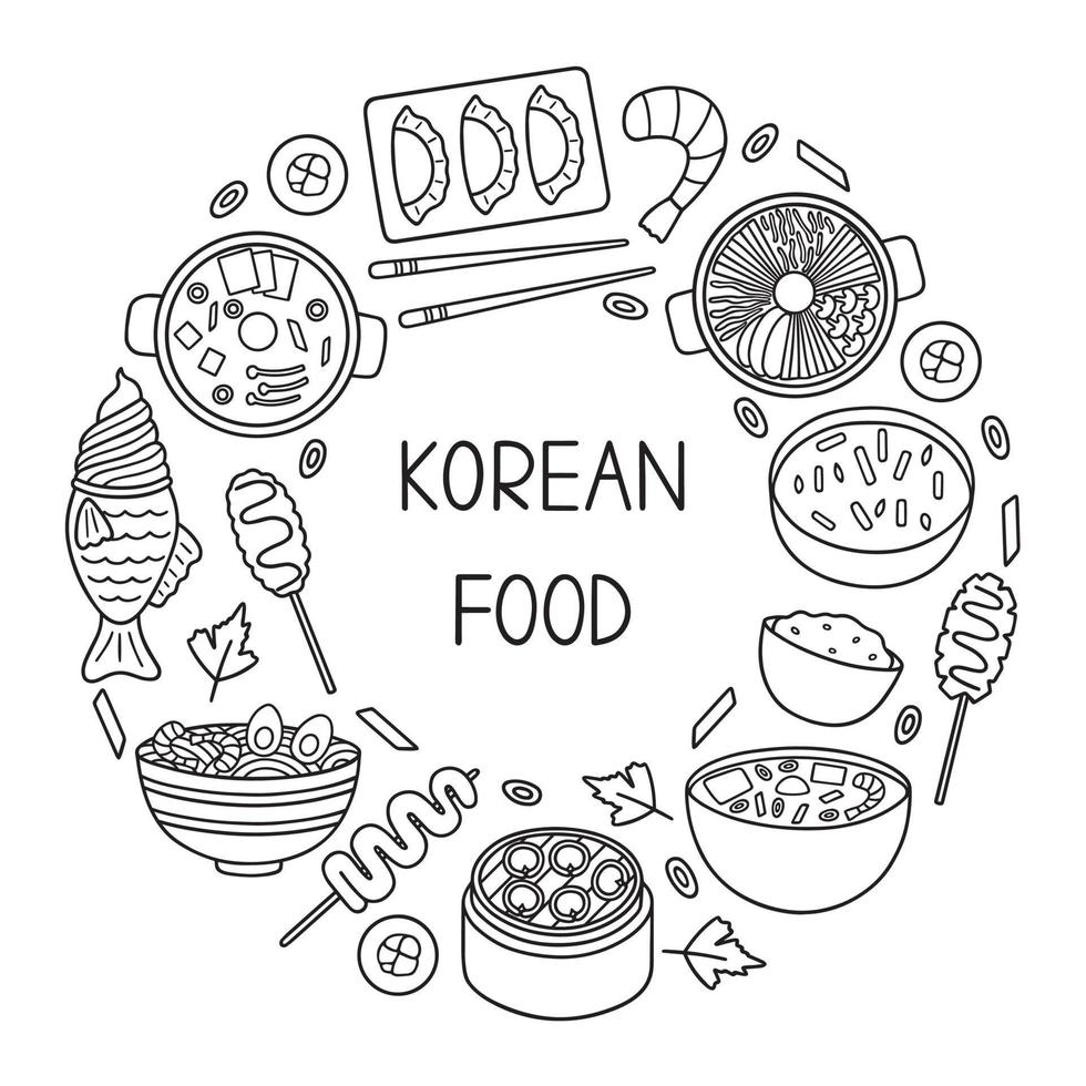 koreanska mat klotter uppsättning. asiatisk kök. bibimbap, mandu, ramyeon i skiss stil. hand dragen vektor illustration isolerat på vit bakgrund