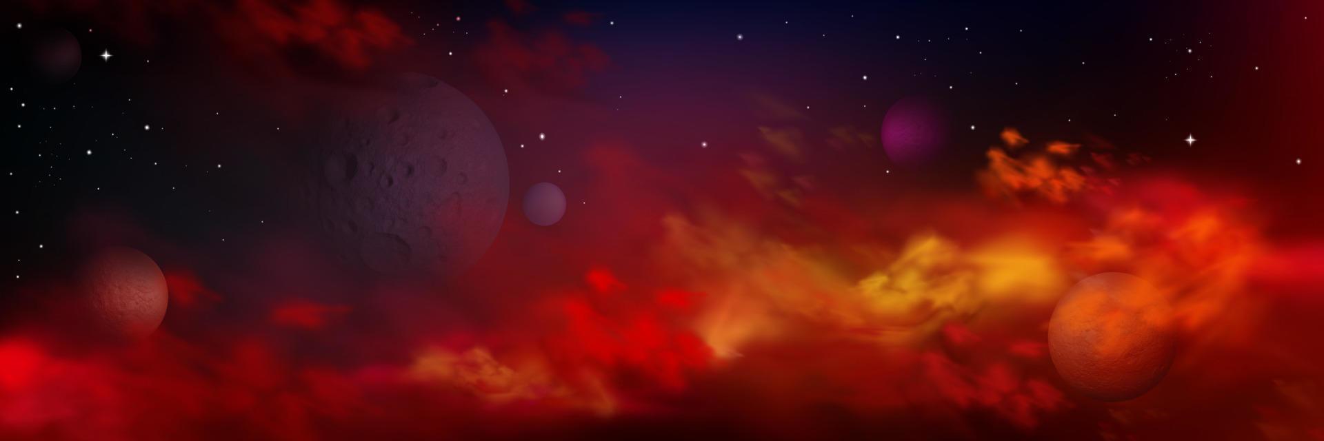 realistisk Plats med planeter, stjärnor och röd moln vektor