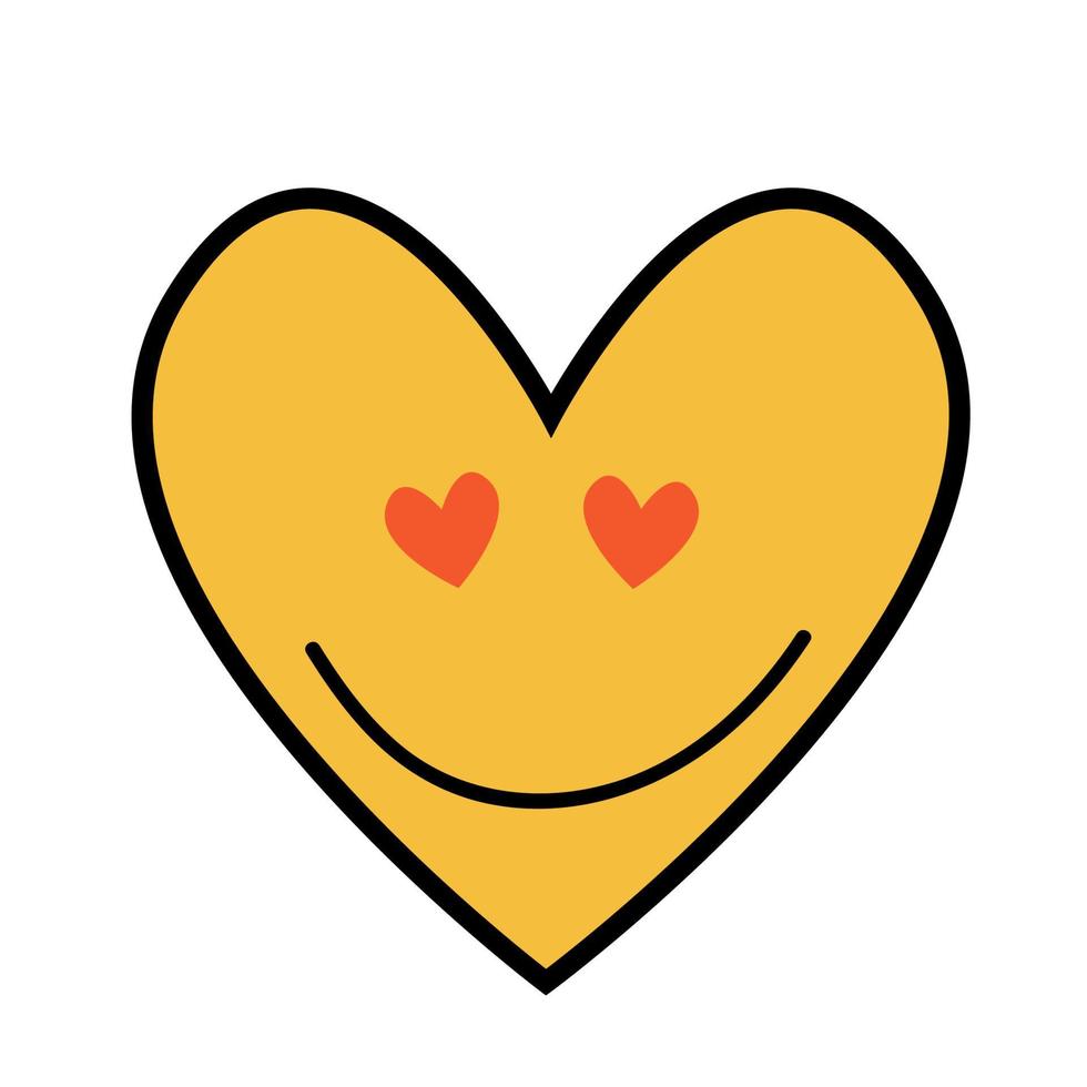 Flacher Designvektor des netten gelben Herzens des Emoticon. liebe isoliert für den valentinstag. süßer Smiley Cartoon zwei rote Herzen vektor