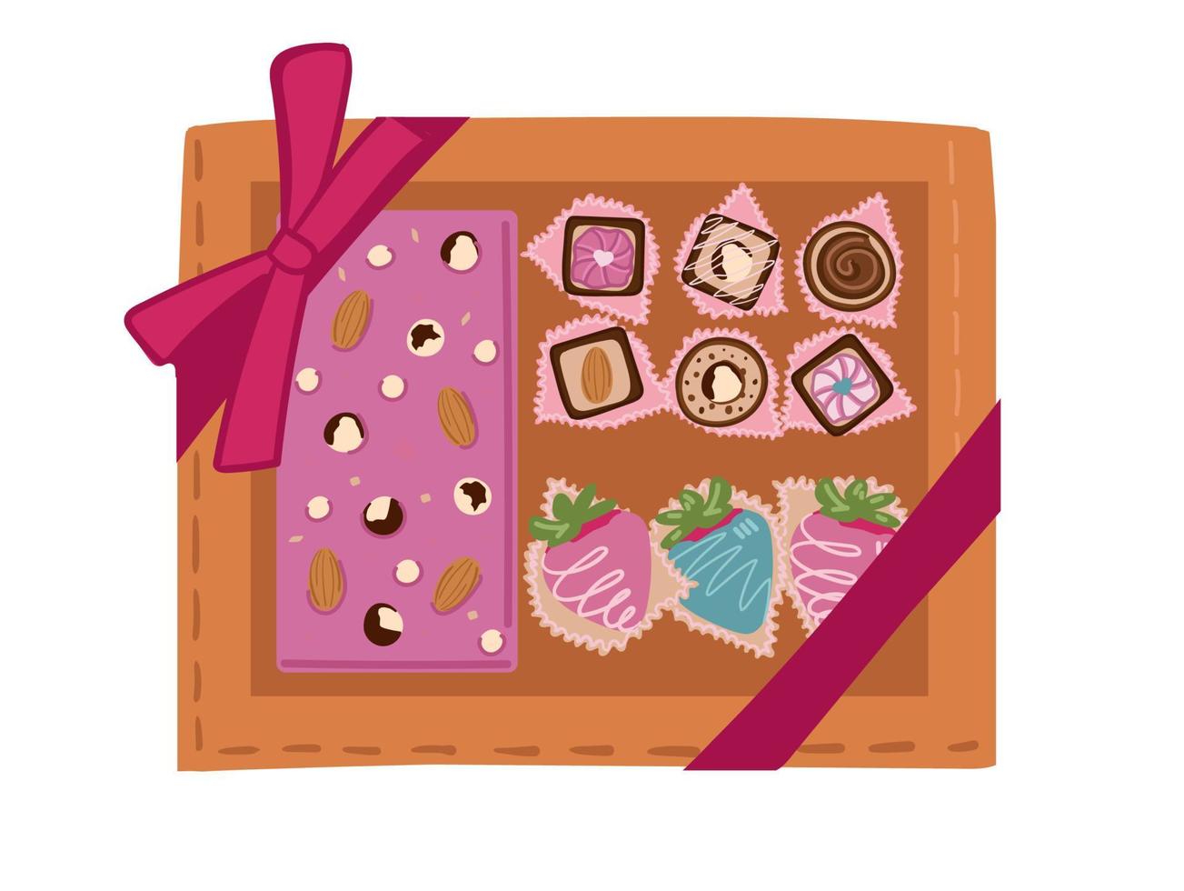 eine Schachtel Pralinen als Geschenk. süßigkeiten für valentinstag, muttertag und frauentag. flacher Stil, Vektorillustration. vektor