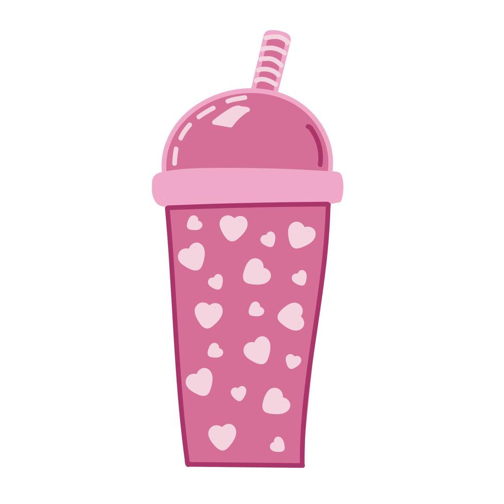 valentinstagkartendesign mit kawaii erdbeersmoothie transparentem plastikbecher. isoliert auf weißem Hintergrund. Vektor