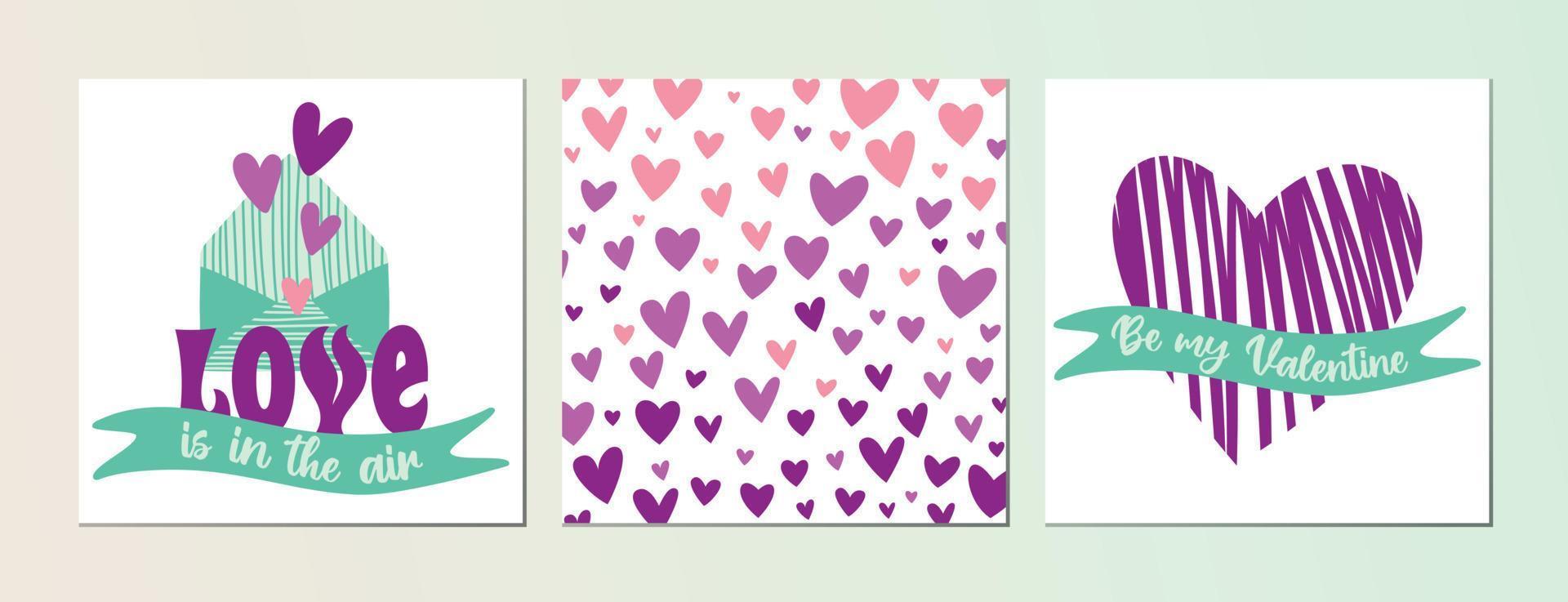 satz von valentinstaggrußkarten und social-media-beiträgen. lila und rosa Herzen, grüne Bänder, Umschlag vektor