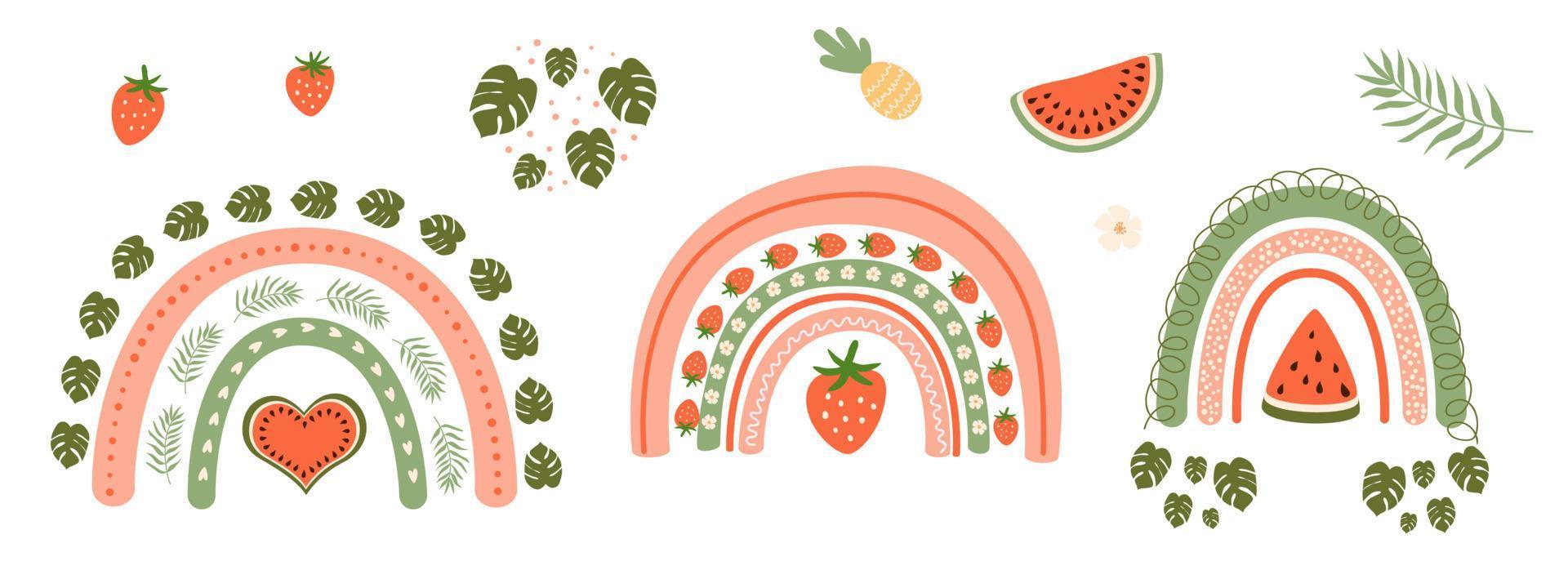 sommar regnbåge uppsättning. regnbåge, vattenmelon, jordgubbe, tropisk löv, monstera sommar grafisk element isolerat samling. tropisk sommar logotyp, ikoner. vektor illustration. hand dragen tropisk uppsättning.