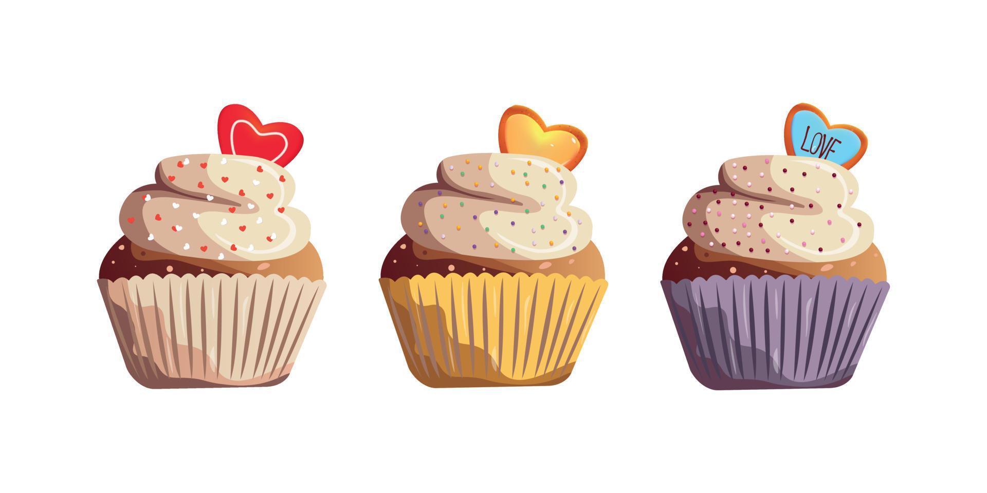 satz muffins cupcakes für den glücklichen valentinstag. romantik, liebeskonzept. isoliert auf weiß vektor