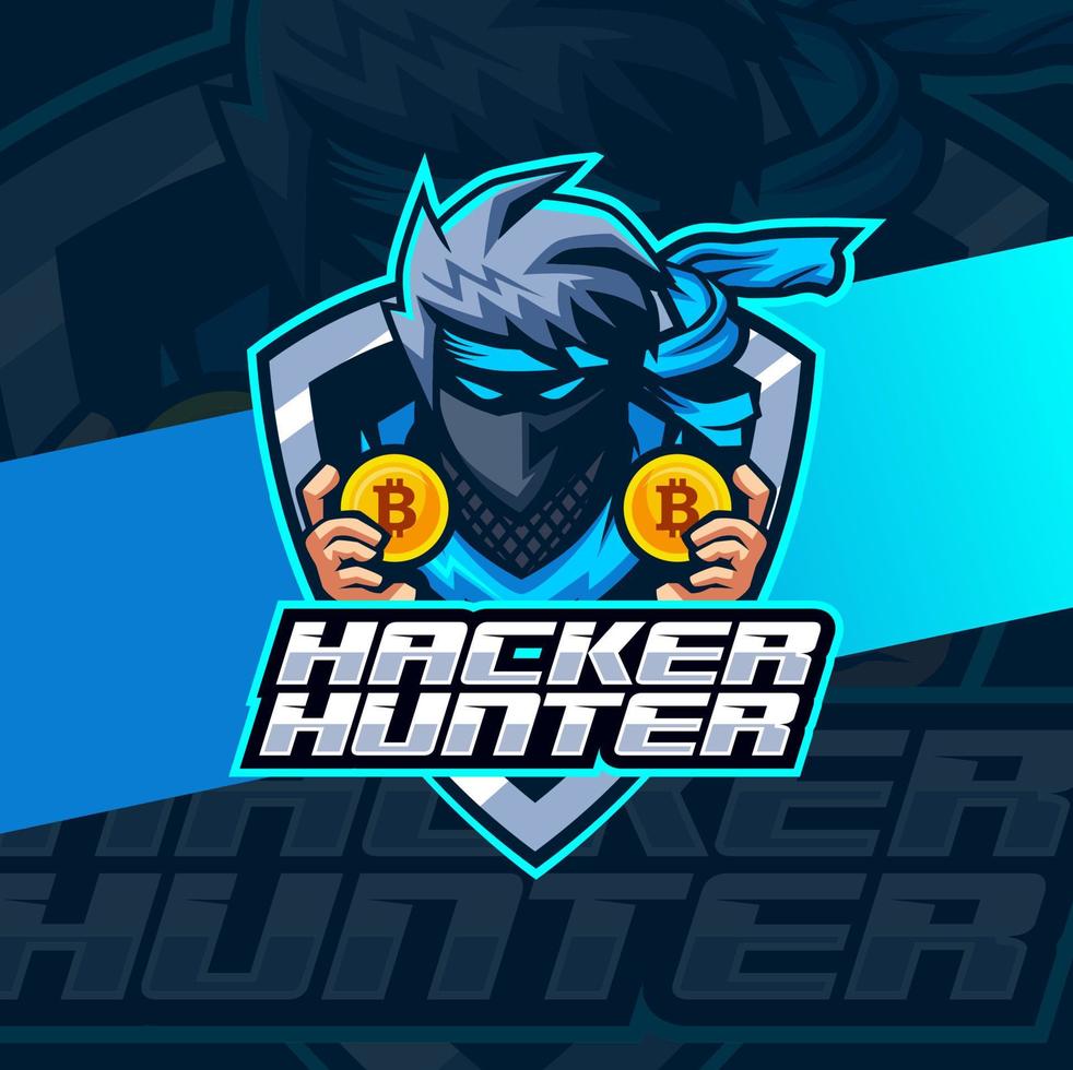 Ninja-Hacker-Kryptowährungs-Maskottchen-Logo-Design für E-Sport und Team-Logo vektor