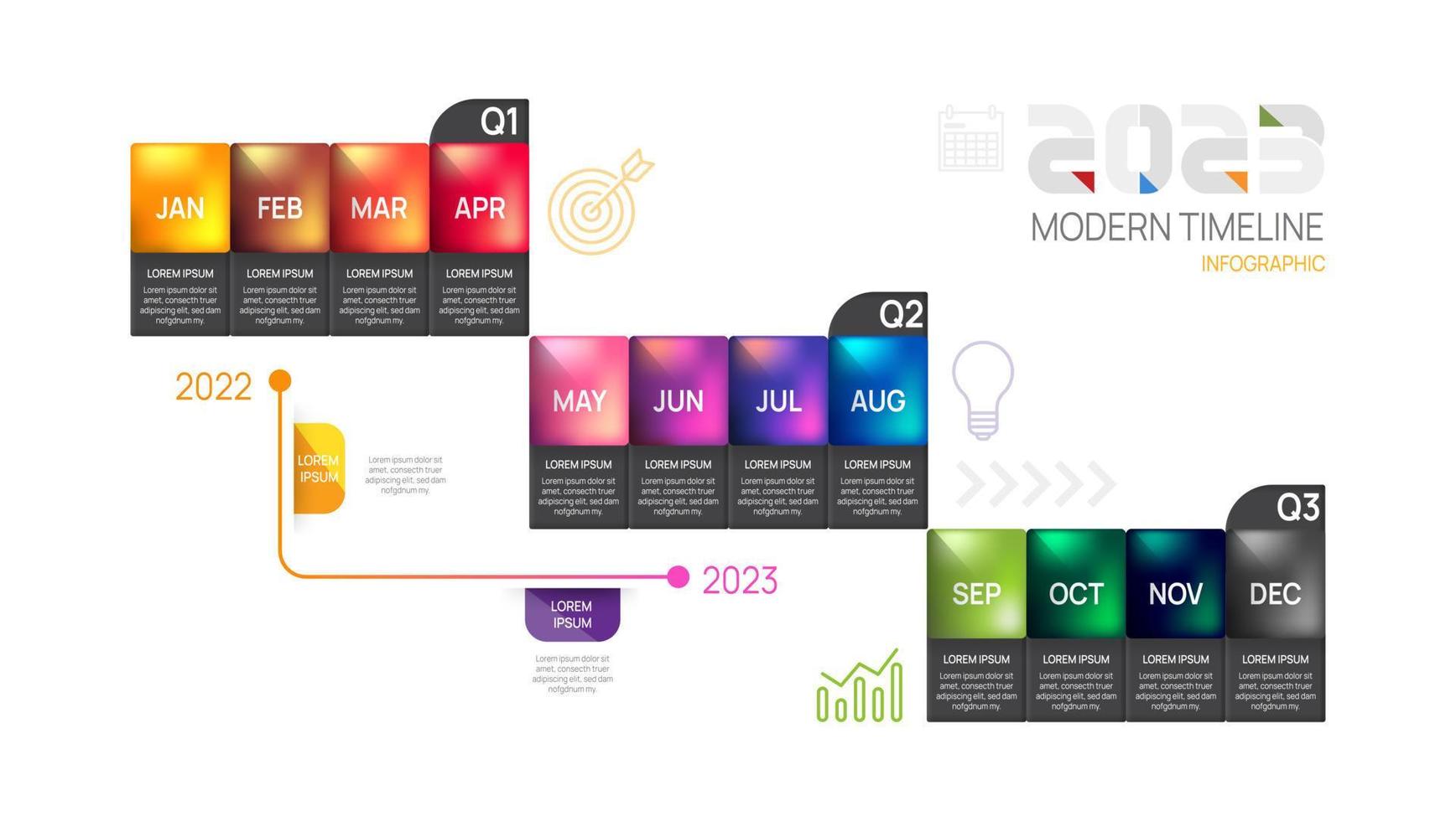 Infografik 2023 Vorlage für Unternehmen. moderner Zeitleisten-Diagrammkalender und 4-Quartal-Themen, kann für Vektor-Infografiken, Flussdiagramme, Präsentationen, Websites verwendet werden. vektor