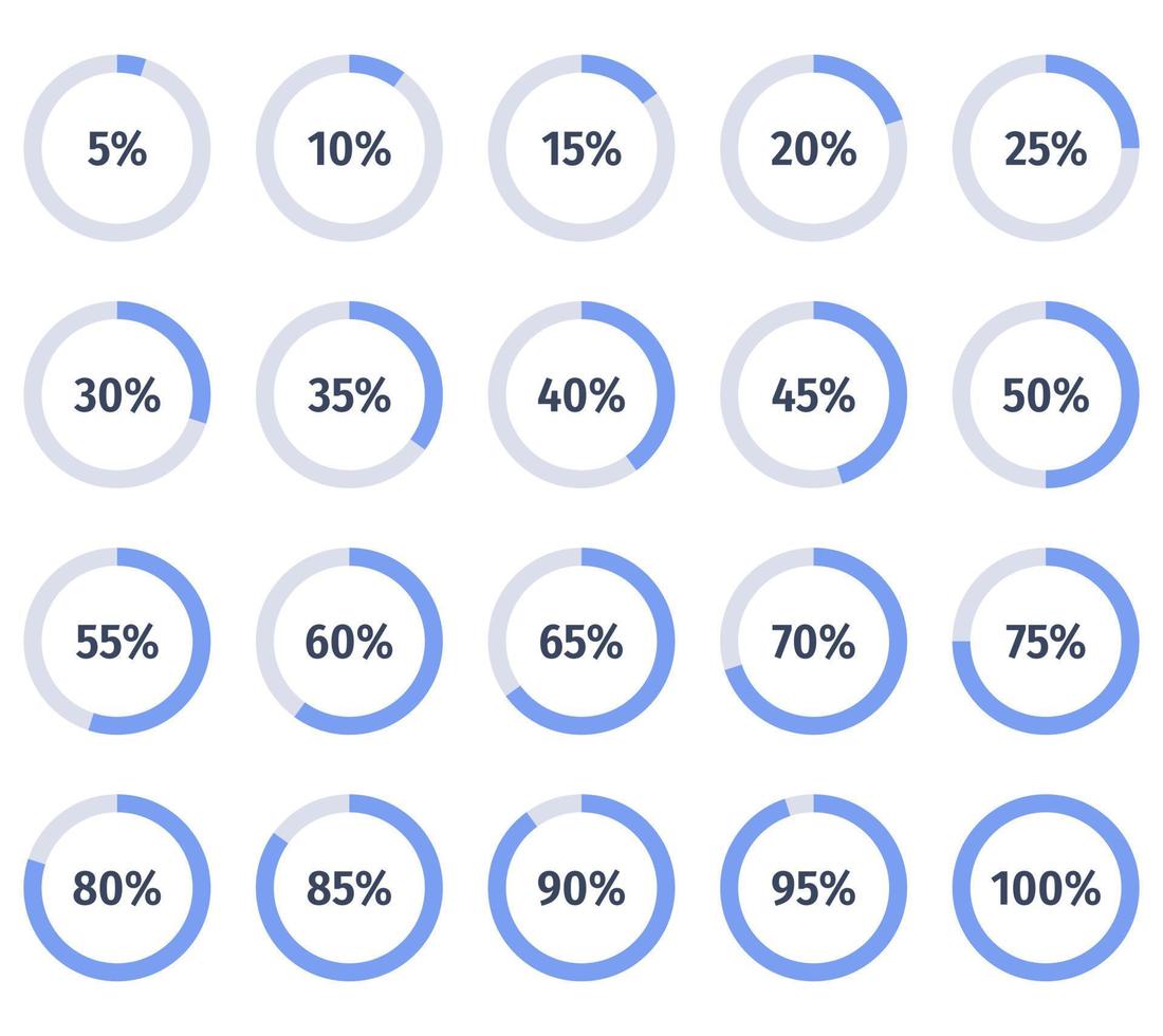 Reihe von bunten Infografik-Prozentsatz-Kreisdiagrammen. segment der lochkreissymbole 5 - 100. einfaches flaches design lädt datenschnittstellenelemente app, schaltfläche, ui ux web. Fortschritt, Warten oder Herunterladen. vektor