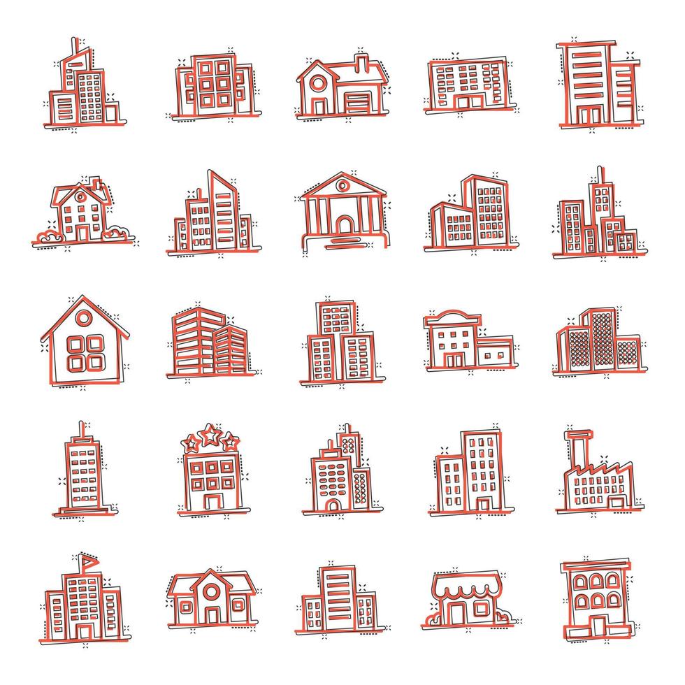 byggnad ikon uppsättning i komisk stil. stad skyskrapa lägenhet tecknad serie vektor illustration på vit isolerat bakgrund. stad torn stänk effekt företag begrepp.