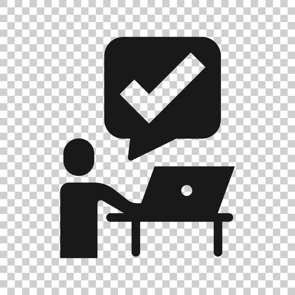 Menschen mit Laptop-Computer-Symbol im flachen Stil. pc-Benutzer-Häkchen-Vektorillustration auf weißem, isoliertem Hintergrund. Büroleiter Geschäftskonzept. vektor