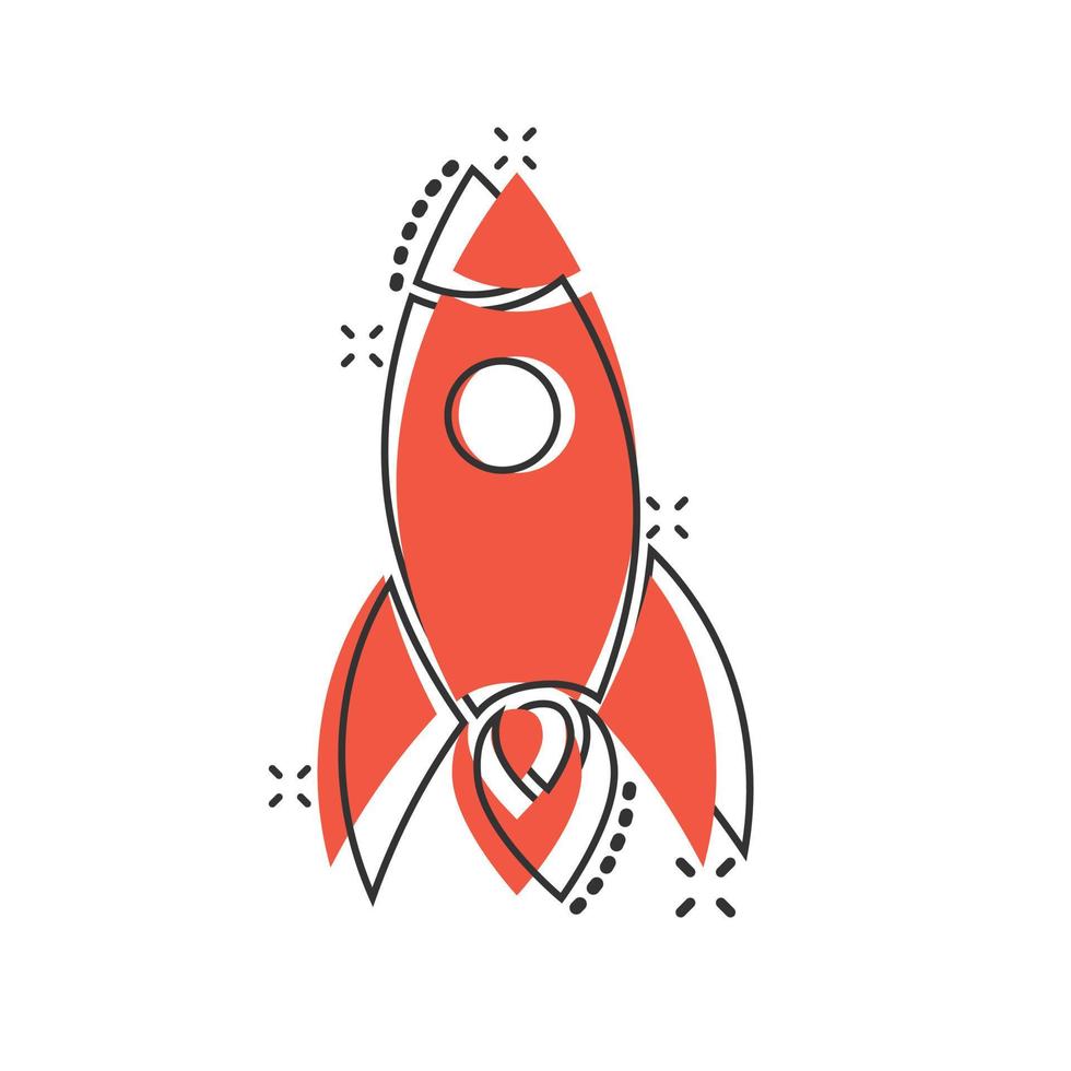 raket ikon i komisk stil. rymdskepp lansera tecknad serie vektor illustration på vit isolerat bakgrund. sputnik stänk effekt företag begrepp.