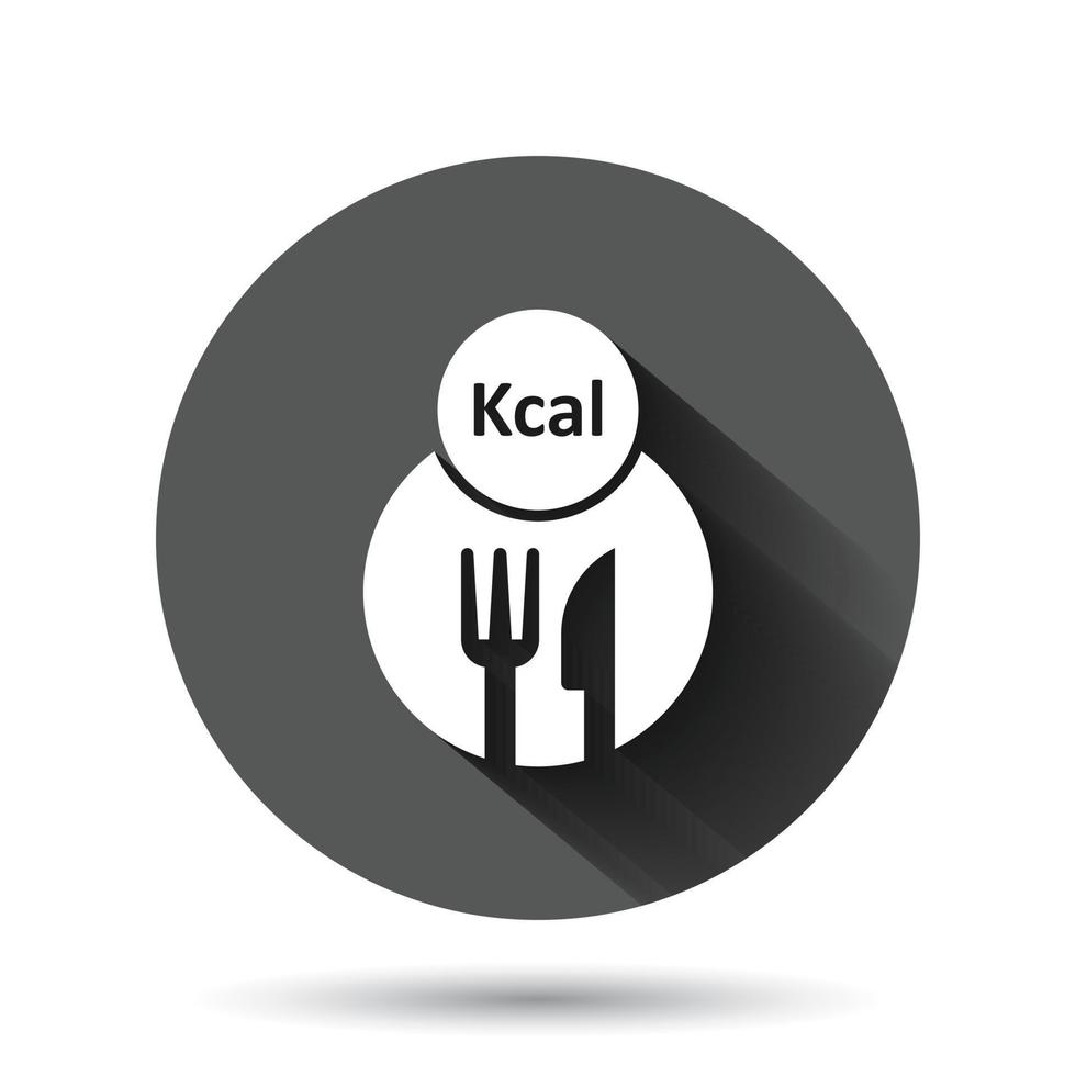 kcal-Symbol im flachen Stil. Diätvektorillustration auf schwarzem rundem Hintergrund mit langem Schatteneffekt. Kalorien-Kreis-Schaltfläche Geschäftskonzept. vektor