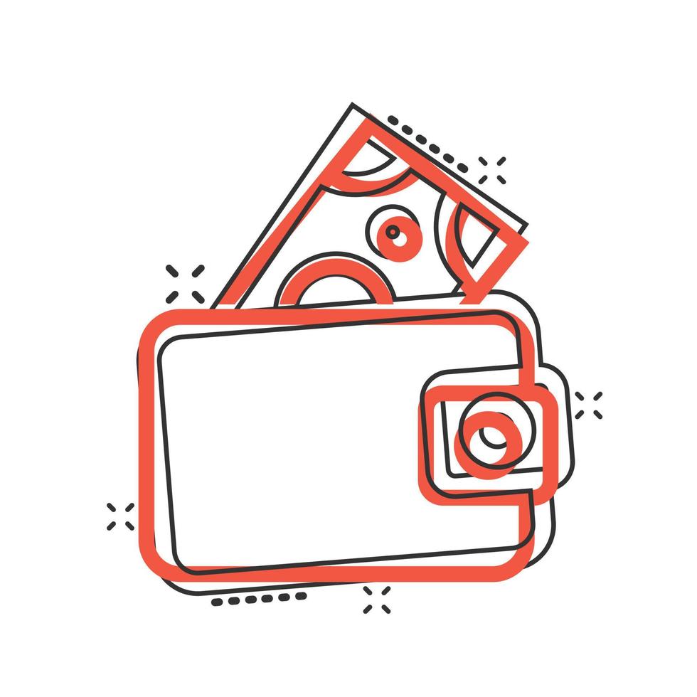 Brieftaschen-Symbol im Comic-Stil. Geldbörse Cartoon-Vektor-Illustration auf weißem Hintergrund isoliert. Geschäftskonzept mit Splash-Effekt für Finanzbeutel. vektor