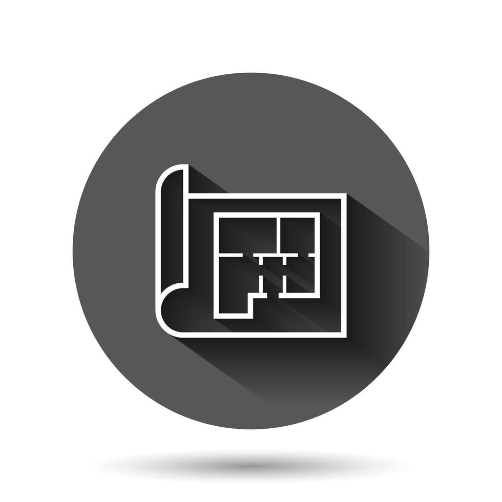 Zimmerplan-Symbol im flachen Stil. Planvektorillustration auf schwarzem rundem Hintergrund mit langem Schatteneffekt. Haus Projekt Kreis Schaltfläche Geschäftskonzept. vektor