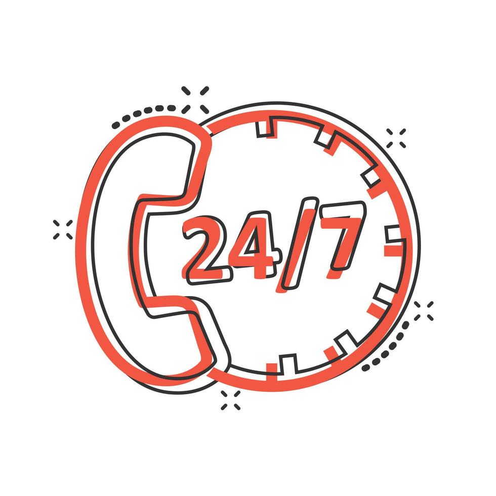 Telefondienst 24 7 Symbol im Comic-Stil. Telefongespräch Cartoon-Vektor-Illustration auf weißem Hintergrund isoliert. Hotline-Kontakt-Splash-Effekt-Geschäftskonzept. vektor