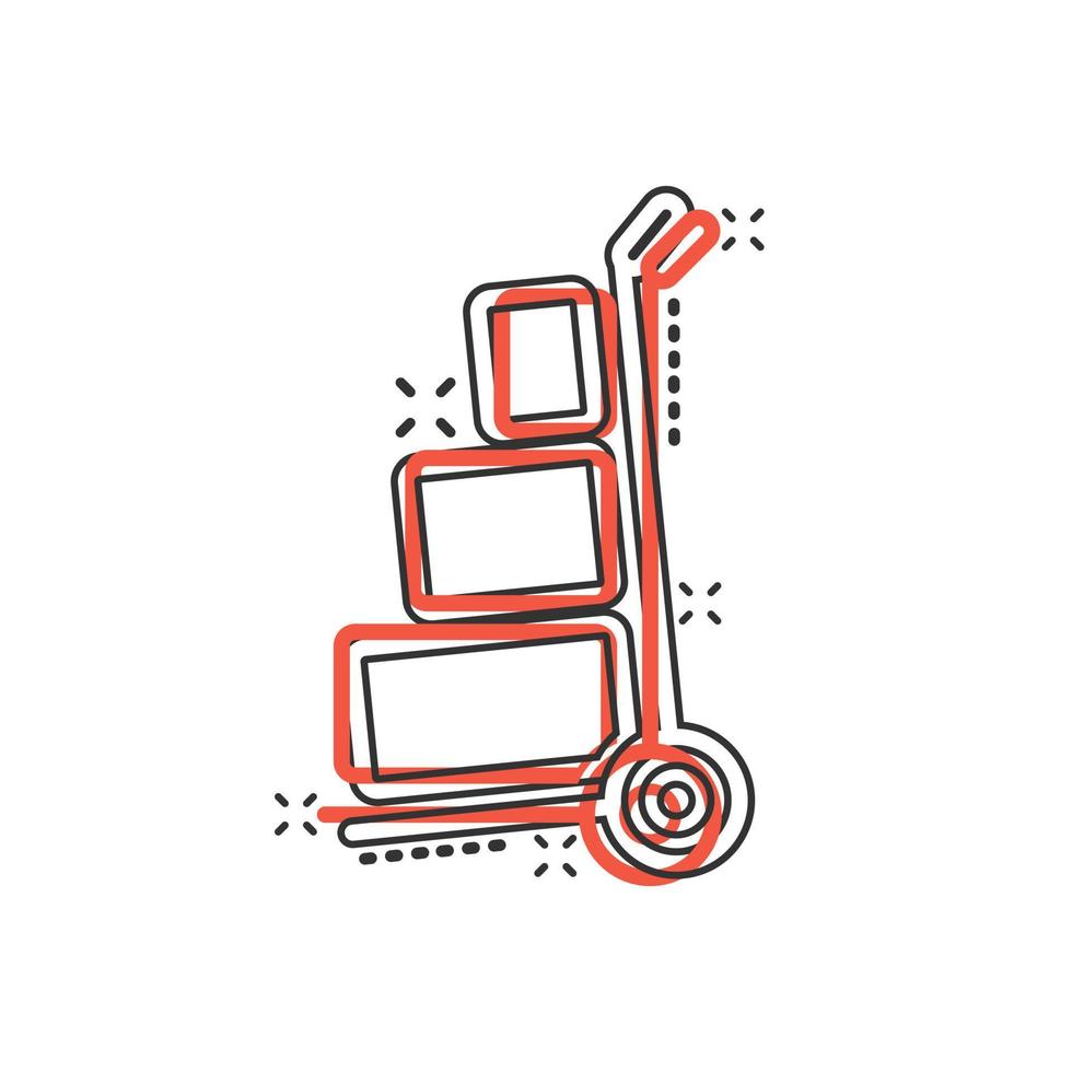 Cargo-Trolley-Symbol im Comic-Stil. Lieferung Box Cartoon-Vektor-Illustration auf weißem Hintergrund isoliert. Geschäftskonzept für den Versand von Kartons mit Splash-Effekt. vektor