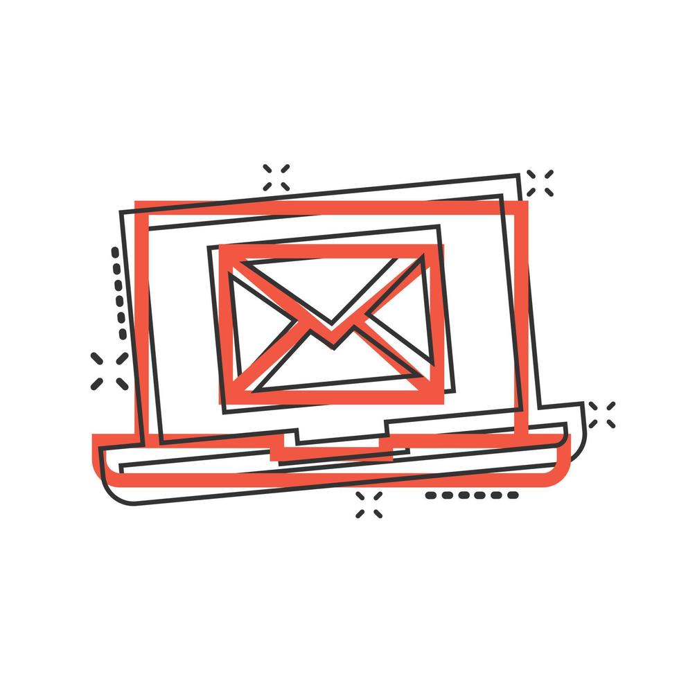 Laptop mit E-Mail-Symbol im Comic-Stil. Mail-Benachrichtigung Cartoon-Vektor-Illustration auf weißem Hintergrund isoliert. Umschlag mit Message-Splash-Effekt-Geschäftskonzept. vektor
