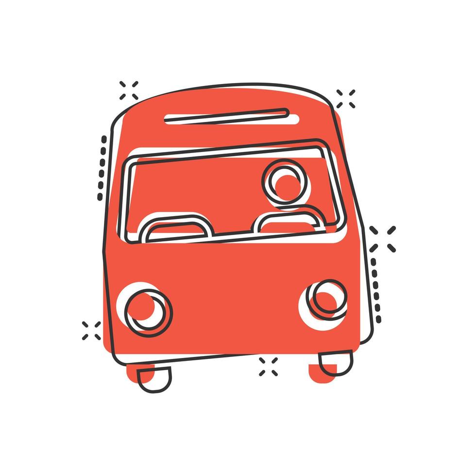 Bus-Symbol im Comic-Stil. Trainerkarikatur-Vektorillustration auf weißem lokalisiertem Hintergrund. Geschäftskonzept für Autobus-Fahrzeug-Splash-Effekt. vektor