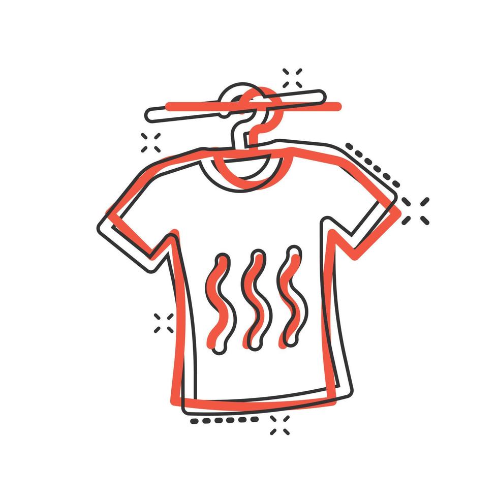 T-Shirt-Waschsymbol im Comic-Stil. Kleidung trocken Cartoon-Vektor-Illustration auf weißem Hintergrund isoliert. Geschäftskonzept mit Spritzeffekt für Hemdwäsche. vektor