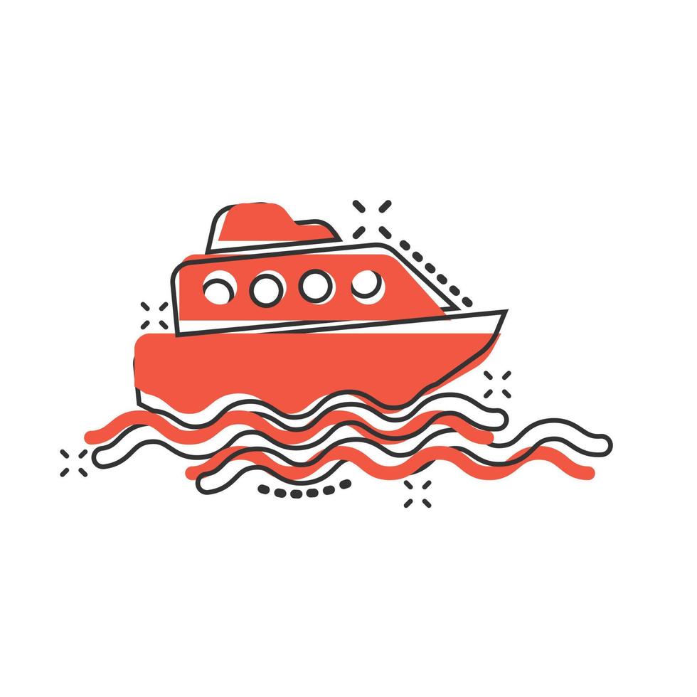 Tourismusschiff-Symbol im Comic-Stil. Fischerboot-Cartoon-Vektorillustration auf weißem, isoliertem Hintergrund. Geschäftskonzept für Tanker mit Splash-Effekt. vektor