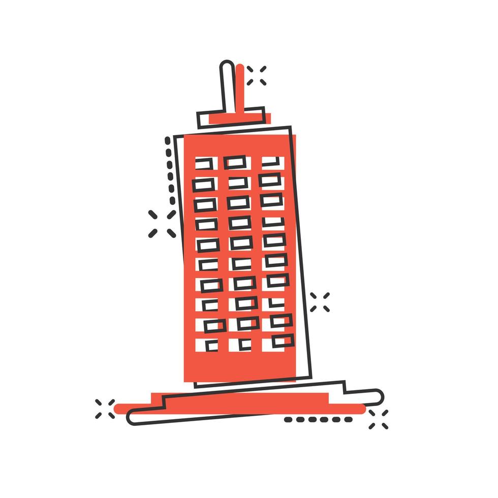 Gebäude-Ikone im Comic-Stil. stadtwolkenkratzerwohnungskarikaturvektorillustration auf weißem lokalisiertem hintergrund. City Tower Splash-Effekt-Geschäftskonzept. vektor