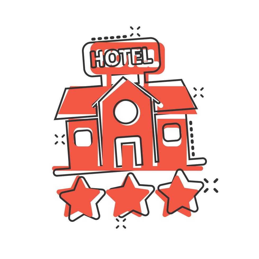 hotell 3 stjärnor tecken ikon i komisk stil. värdshus byggnad tecknad serie vektor illustration på vit isolerat bakgrund. vandrarhem rum stänk effekt företag begrepp.
