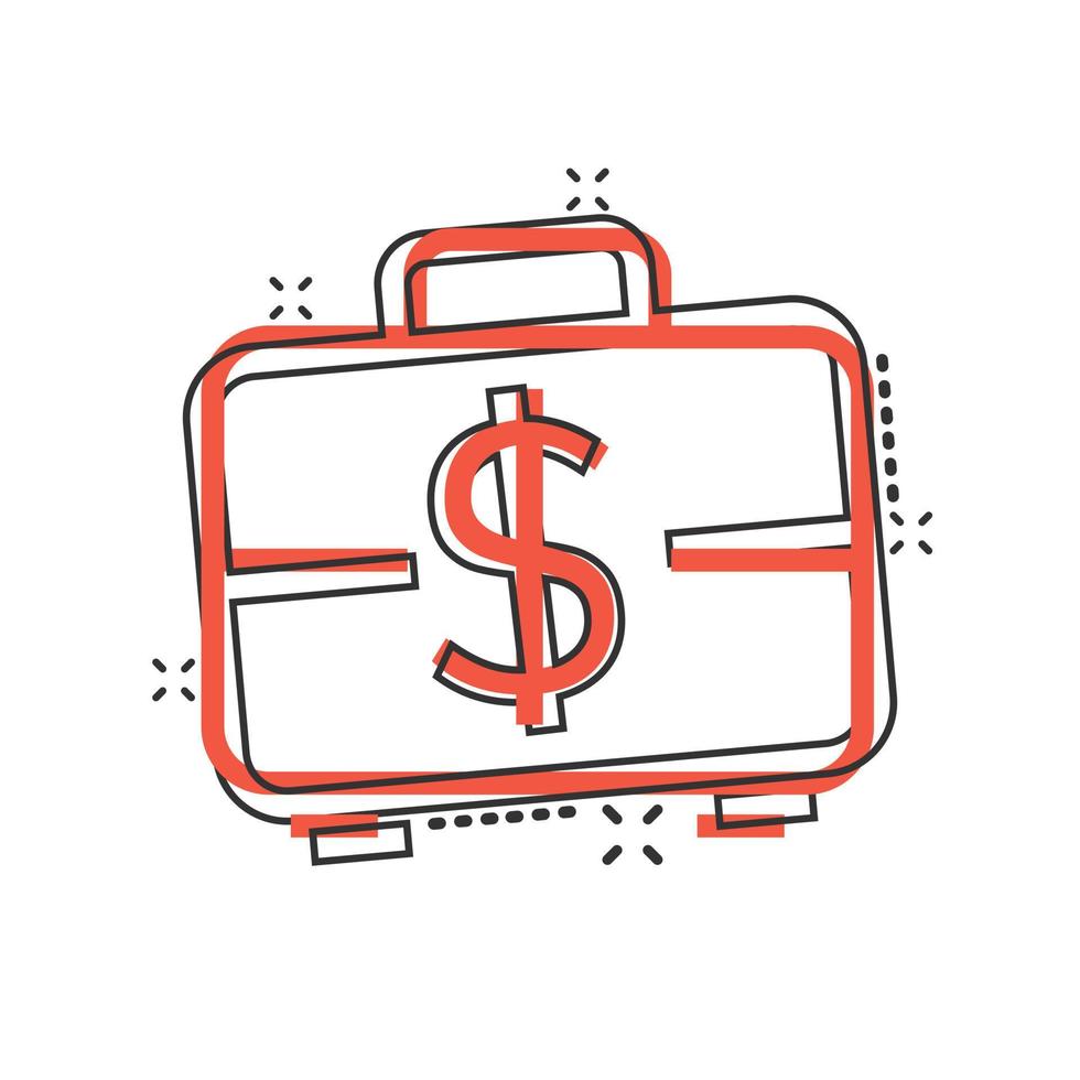 Geld-Aktenkoffer-Symbol im Comic-Stil. Kasse Cartoon-Vektor-Illustration auf weißem Hintergrund isoliert. Geschäftskonzept mit Finanzsplash-Effekt. vektor