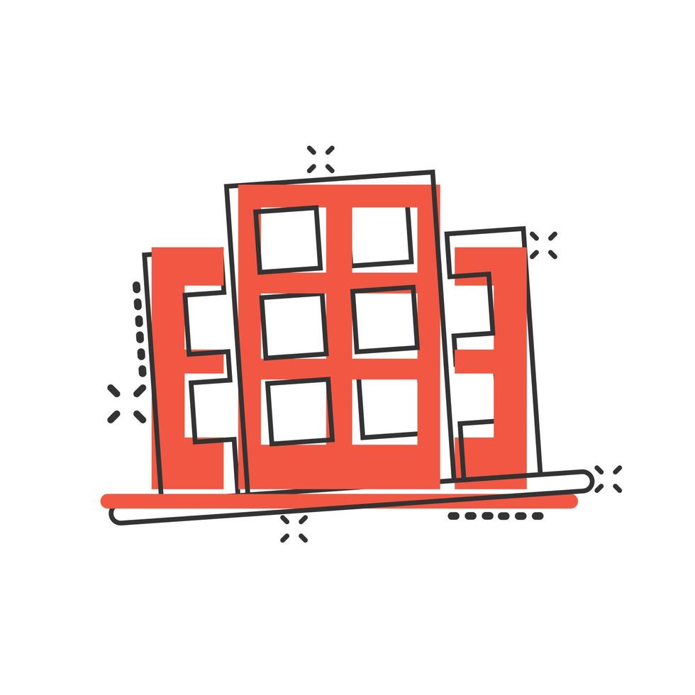 Gebäude-Ikone im Comic-Stil. stadtwolkenkratzerwohnungskarikaturvektorillustration auf weißem lokalisiertem hintergrund. City Tower Splash-Effekt-Geschäftskonzept. vektor