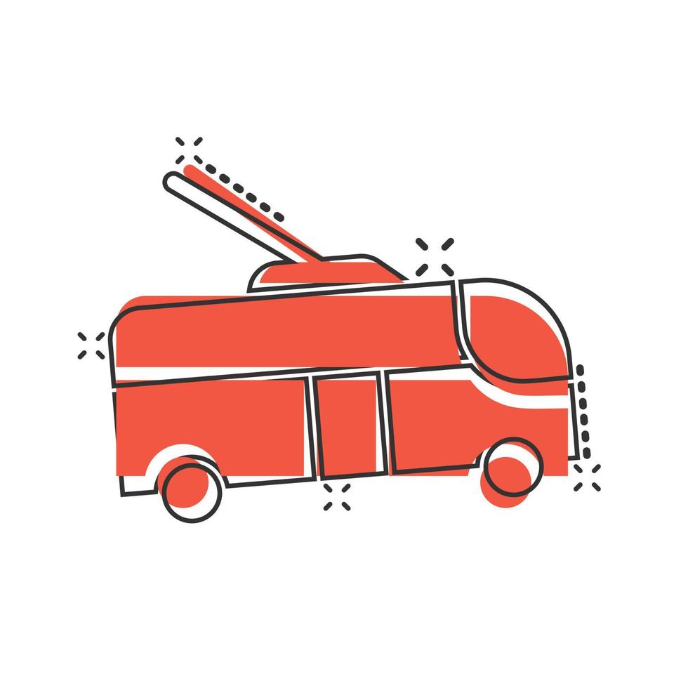 Trolleybus-Symbol im Comic-Stil. Oberleitungsbuskarikatur-Vektorillustration auf weißem lokalisiertem Hintergrund. Geschäftskonzept für Autobus-Fahrzeug-Splash-Effekt. vektor