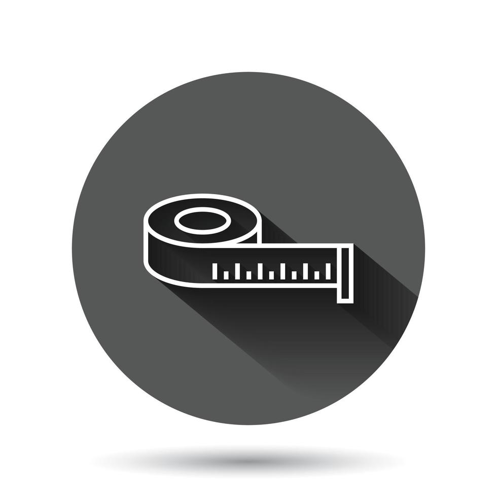 Maßband-Symbol im flachen Stil. Linealzeichen-Vektorillustration auf schwarzem rundem Hintergrund mit langem Schatteneffekt. Meter-Kreis-Schaltfläche Geschäftskonzept. vektor