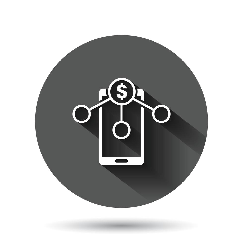 betalning tjänster ikon i platt stil. pengar skicka vektor illustration på svart runda bakgrund med lång skugga effekt. smartphone transaktion cirkel knapp företag begrepp.